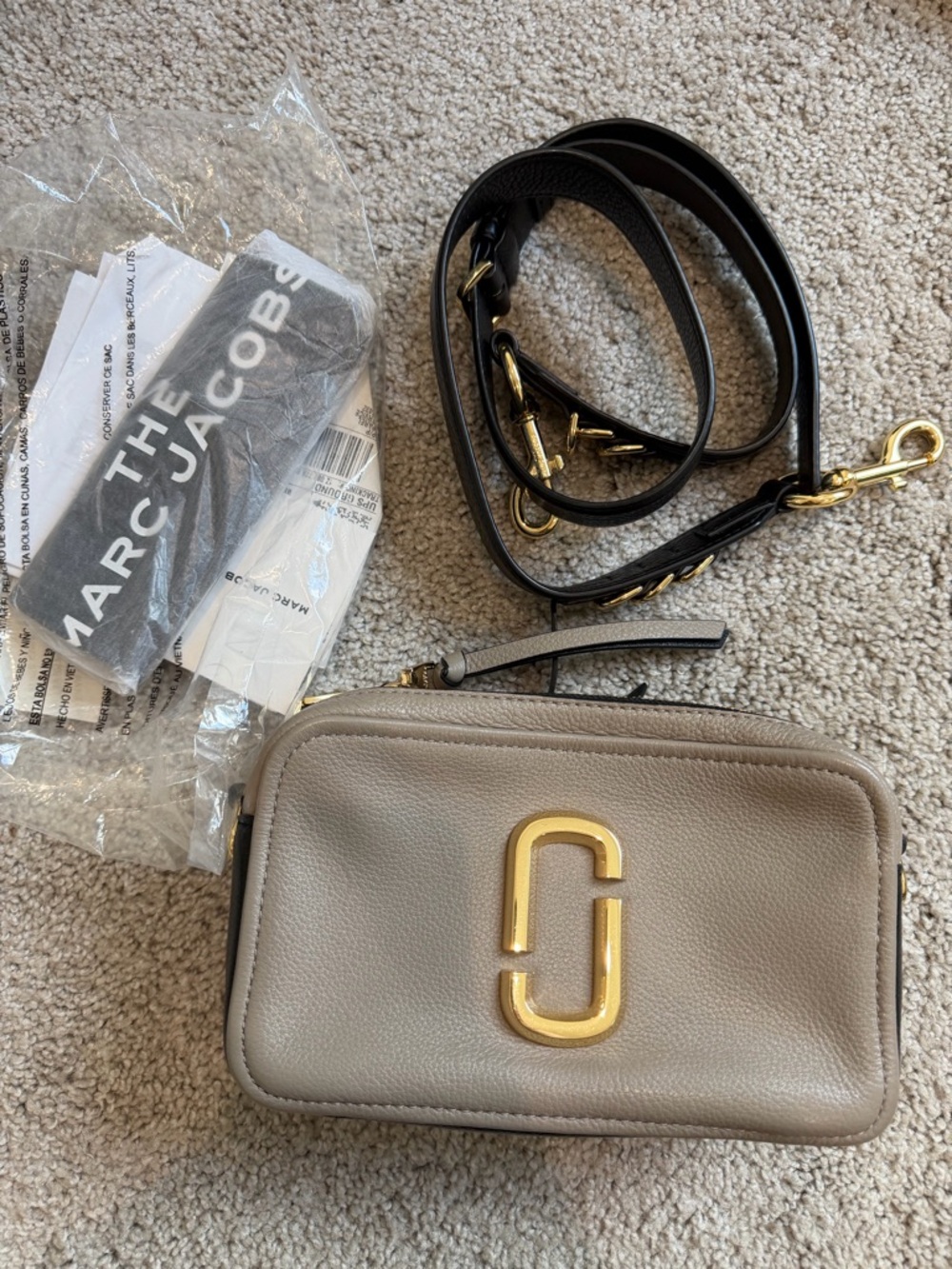 Marc Jacobs Taupe Leather Softshot Snapshot Crossbody with Gold Hardware
